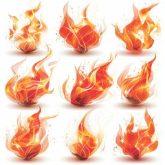 A set of nine orange flames with a white background. The flames are all different sizes and shapes, but they all have the same color. Scene is fiery and intense