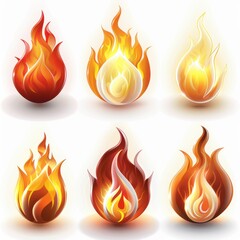 A set of six fire-shaped icons, each with a different color and size. The icons are arranged in a row, with the largest one on the left and the smallest one on the right