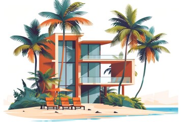 Fototapeta premium Modern beach house with palm trees and a sunny sky capturing a luxurious tropical vacation setting