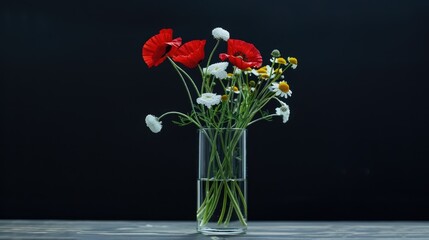 Fototapeta premium A bouquet of red poppies and white flowers is arranged in a brown vase on a wooden table. A white cloth is draped over the table