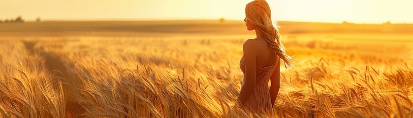 Fototapeta premium Woman in a Sunlit Wheat Field at Sunset, Embracing Nature and Serenity in a Golden Landscape