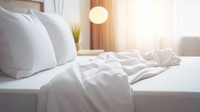 White bedding sheets and pillow background, Messy bed concept