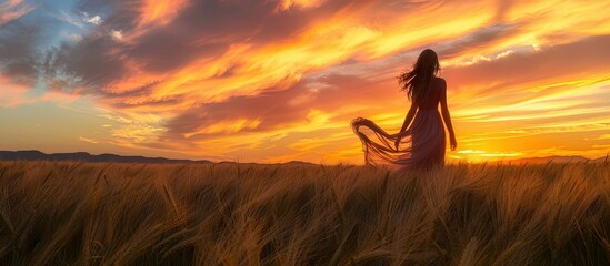 Silhouette of Woman in Flowing Dress Standing in Wheat Field at Sunset with Dramatic Sky