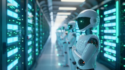 Robots in futuristic server room