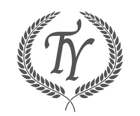 Initial letter T and Y, TY monogram logo design with laurel wreath. Luxury calligraphy font.