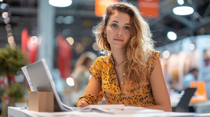 HR specialist preparing for a job fair, organizing promotional materials and setting up an attractive booth. The specialist is focused and organized, ensuring that the company's representation at the