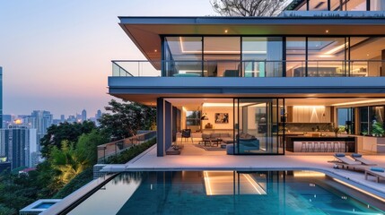 Obraz premium A chic modern home with an open-plan design, large glass walls, and a rooftop pool with views of the surrounding cityscape
