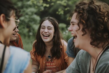 Fototapeta premium Joyful Friends Enjoying Laughter and Fun at a Sunny Park Picnic.