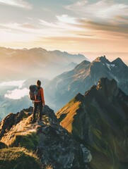 Fototapeta premium Conquering the Summit, Successful Hiker Admiring Panoramic Landscape View from Mountain Top with Achievement.