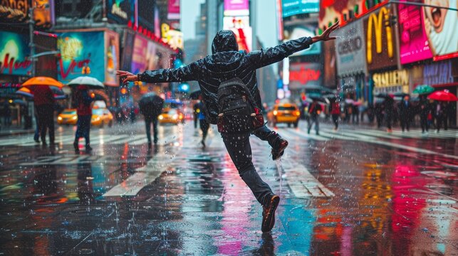 Urban Rain Dance, Capturing Spontaneous Joy on City Streets.