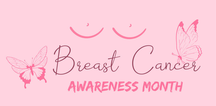 Breast cancer awareness month horizontal banner template design. Editable banner with silhouette of a woman s breasts and Bright Butterfly illustration on pink background.