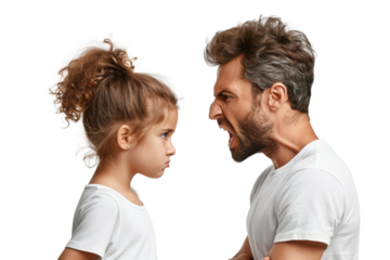 Family conflict, man yells at sad little girl on transparent background.