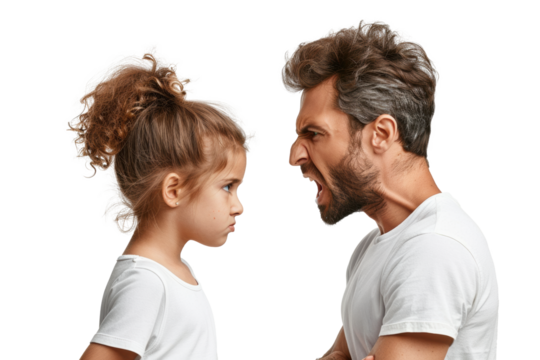 Family conflict, man yells at sad little girl on transparent background.