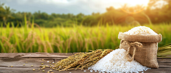 rice ears and bag of white rice on wooden table with green paddy field background