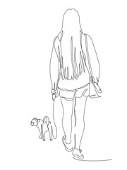 Young woman with small dog walking away. Wear shorts. Back view. Continuous line drawing. Black and white vector illustration in line art style.