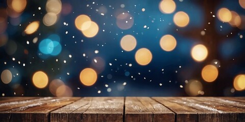 Shiny luxury bokeh christmas festival background, blur glitter snow winter backdrop with empty wooden table top for product display,. AI generated.