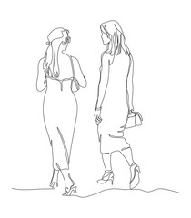 2 women talking and walking away. Wear dress and glasses. Continuous line drawing. Black and white vector illustration in line art style.
