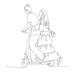 Young couple riding electric scooter. Continuous line drawing. Black and white vector illustration in line art style.