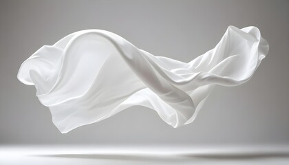 Wispy, ethereal white cloth drifting weightlessly against a clean, pure white backdrop