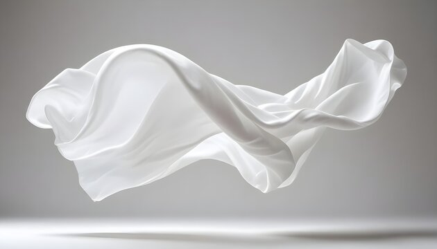 Wispy, ethereal white cloth drifting weightlessly against a clean, pure white backdrop