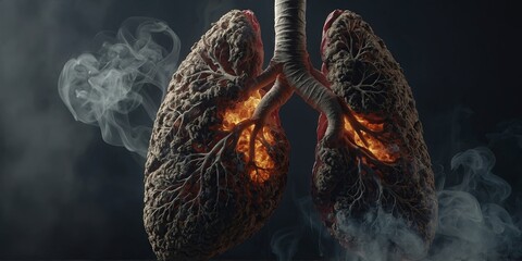 Representation of a human lung affected by smoke, illustrating the harmful impact of smoking and tobacco use on respiratory health, leading to lung disease. AI generated.