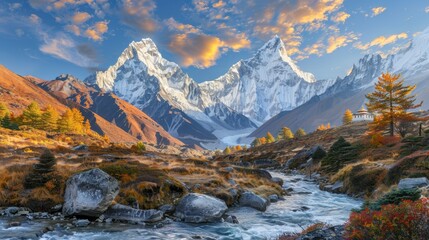 A mountain range with a river running through it. The mountains are covered in snow and the river is clear and calm. The sky is blue and there are some clouds. The scene is peaceful and serene