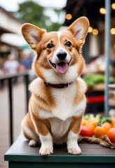 Pembroke Welsh Corgi sitting on a balcony overlooking a bustling street market