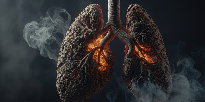 Representation of a human lung affected by smoke, illustrating the harmful impact of smoking and tobacco use on respiratory health, leading to lung disease. AI generated.