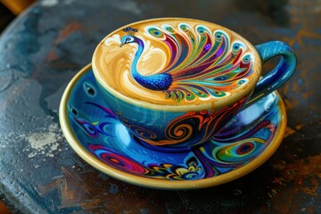 a coffee cup with a painted peacock on it