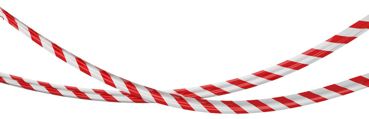 Isolated crossed hanging warning tape with red and white stripes. Caution ribbon.