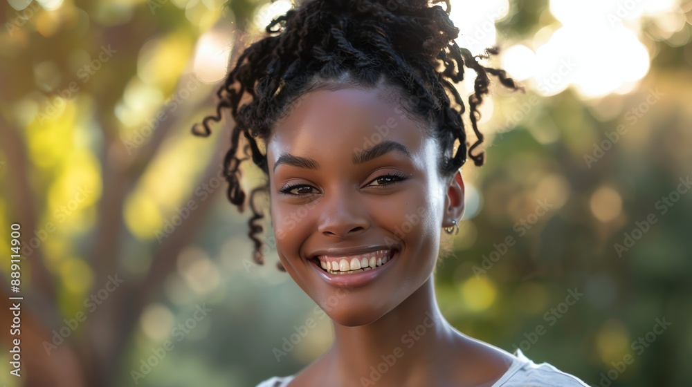 Sticker A young woman with curly black hair smiles at the camera.