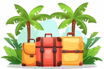 Fototapeta premium Tropical travel bags under palm trees capturing a vibrant and adventurous vacation vibe