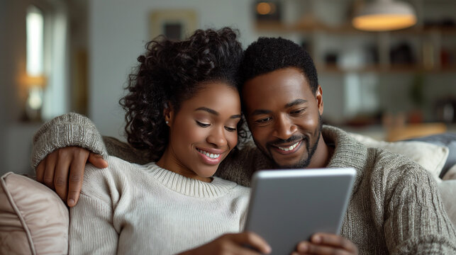 Cheerful african american spouses surfing internet via tablet computer, hugging while enjoying good movie online, relaxing in modern living room interior, sitting together on couch indoor