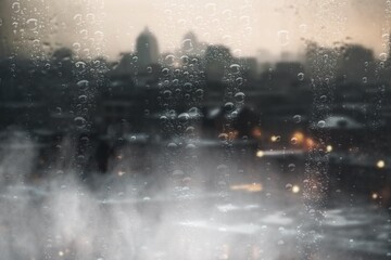 City view in window at rainy night