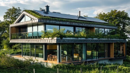 A contemporary eco-home with a green roof, solar panels, and large windows that blend seamlessly with the surrounding landscape