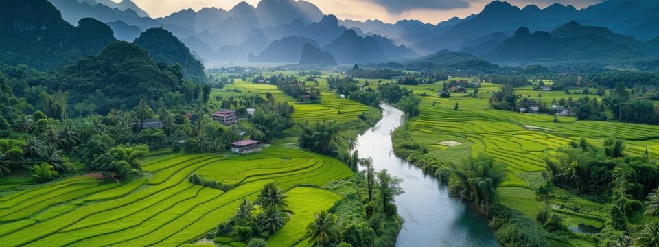 A river runs through a lush green valley with rice paddies on either side. The scene is peaceful and serene, with the sun shining through the trees and casting a warm glow over the landscape