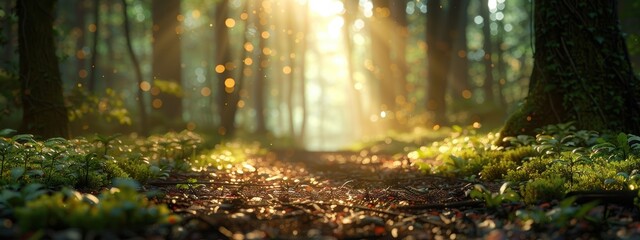 Obraz premium A forest path is illuminated by the sun, creating a warm and inviting atmosphere. The sunlight filters through the trees, casting a soft glow on the ground. The scene is peaceful and serene