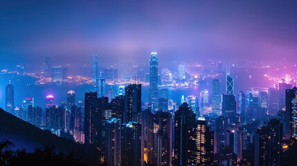 Fototapeta premium A city skyline at night with a purple hue. The city is lit up with lights and the sky is cloudy