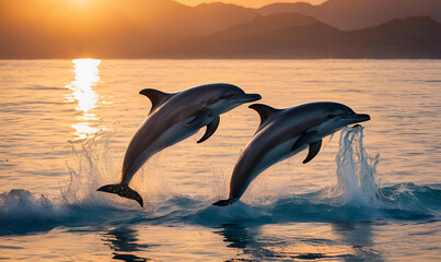 Playful Dolphin Dance: Group of dolphins leaping out of crystal-clear water, sunset backdrop, marine life documentary, ocean conservation, captivating and joyful.