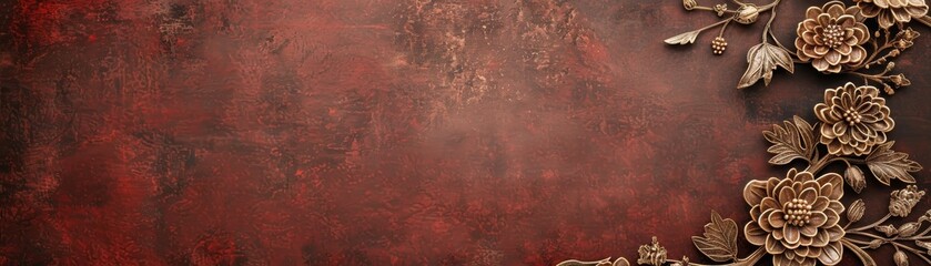 Fototapeta premium Elegant vintage floral background with intricate brown and gold ornate flowers on a dark red textured surface, perfect for decorative design.