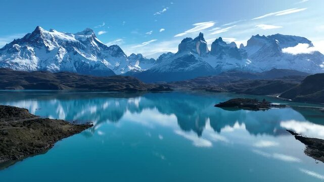 National Park At Torres Del Paine Puerto Natales Chile. Breathtaking Landscape Of Forest Trees In The Rural Scene. Outdoor Travel Patagonia Glacier. Outdoor Snow Covered Aerial View.