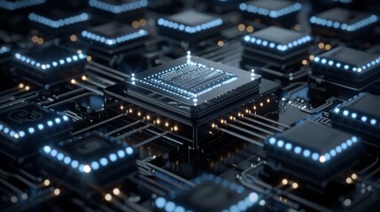 Close-up view of microchips with glowing circuits, representing advanced technology and semiconductor innovation.