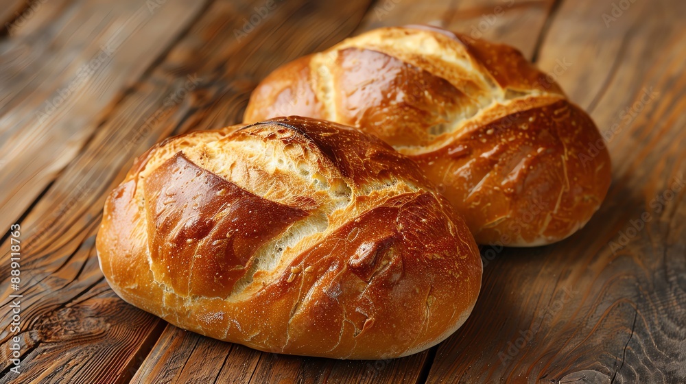 Poster Two loaves of freshly baked bread on a rustic wooden table.