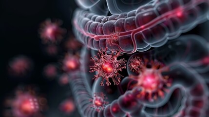 Microscopic view of viruses infecting human intestines, illustrating the concept of intestinal disease and infection in a 3D rendering.