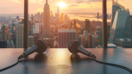 Microphones placed on the table, with the city skyline in the background, symbolize the role of journalism and the media in providing daily information about the latest events.