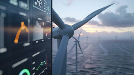 A wind turbine in a modern setting, with a clearly visible energy data analysis panel displaying current statistics and graphs.
