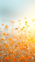 Two butterflies flying over a field of orange flowers, illuminated by the golden light of the setting sun, creating a warm and inviting atmosphere