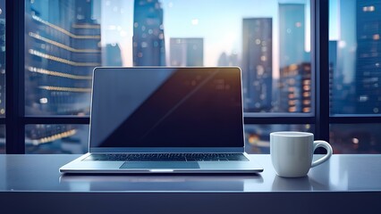 Fototapeta premium Computer on a table in the office of a high-story building.A white mug next to a laptop on the office desk.