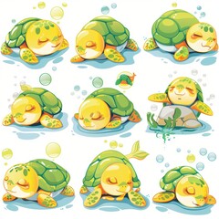 Fototapeta premium A series of cartoon turtles in various poses, including one sleeping. The turtles are all different sizes and colors, but they all have a similar expression of relaxation and contentment