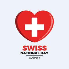 Swiss National Day poster vector illustration. Switzerland flag in heart shape icon on a gray background. Swiss flag love symbol. Template for background, banner, card. August 1. Important day